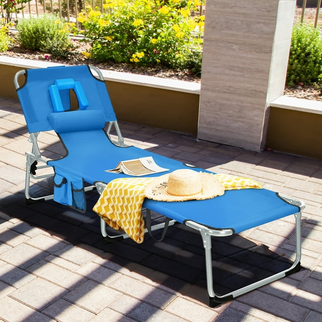 Gymax Portable Beach Chaise Lounge Chair Folding Reclining Chair w/ Facing Hole Blue