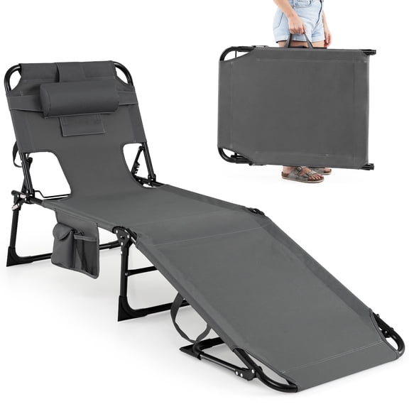 Gymax Tanning Chair w/ Face & Arm Holes Folding Chaise Lounge Beach Chair w/ Adjustable Backrest Grey