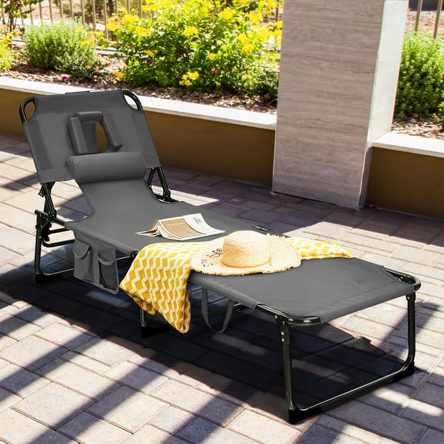 Gymax Portable Beach Chaise Lounge Chair Folding Reclining Chair w/ Facing Hole Grey