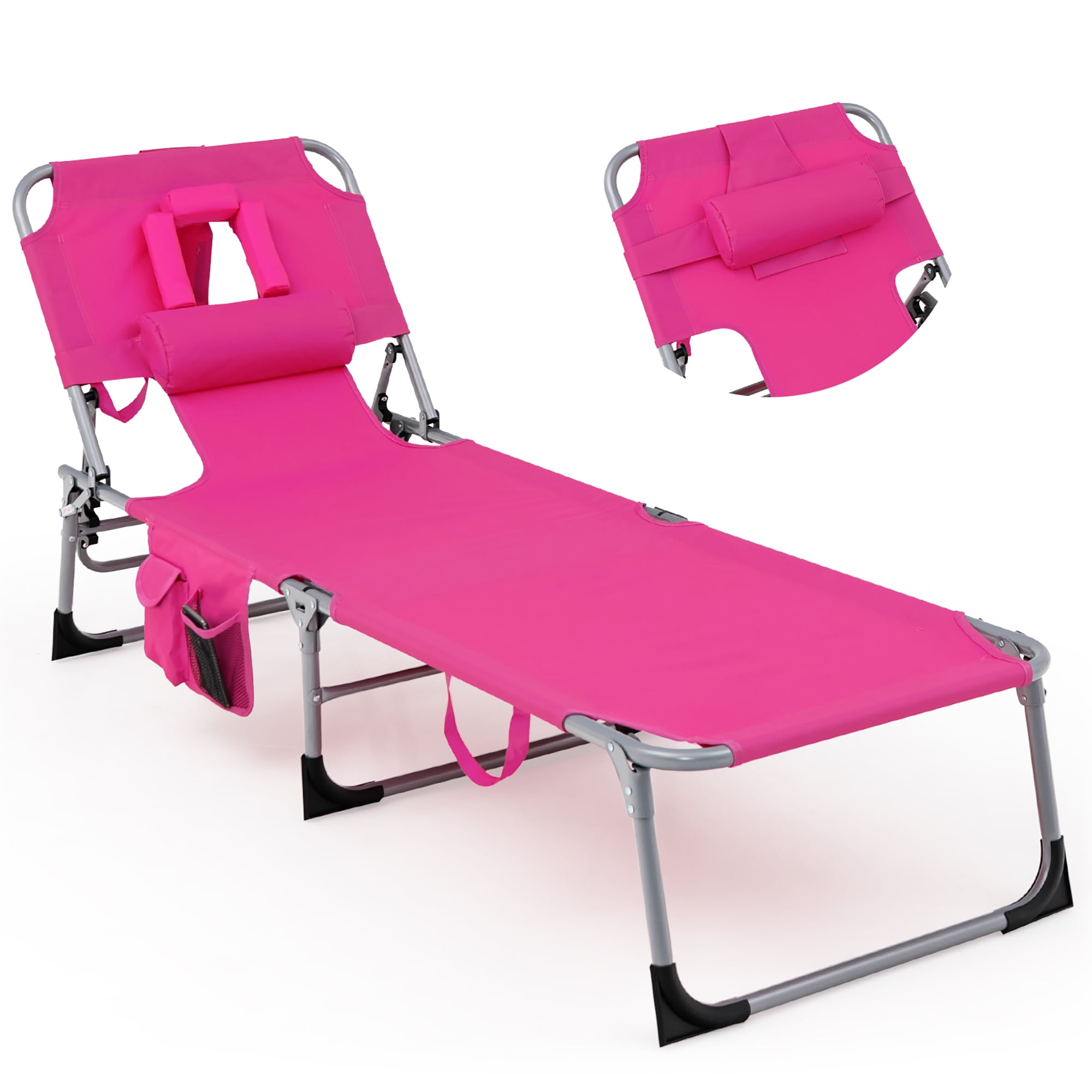Pink Adjustable Folding Beach Lounge Chair with Cushions