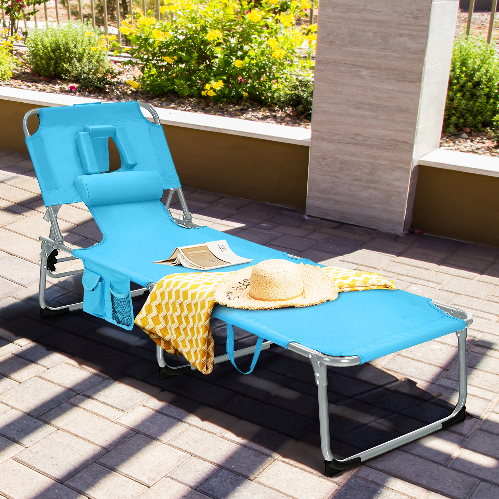 Gymax Portable Beach Chaise Lounge Chair Folding Reclining Chair w/ Facing Hole Turquoise - image 1 of 10