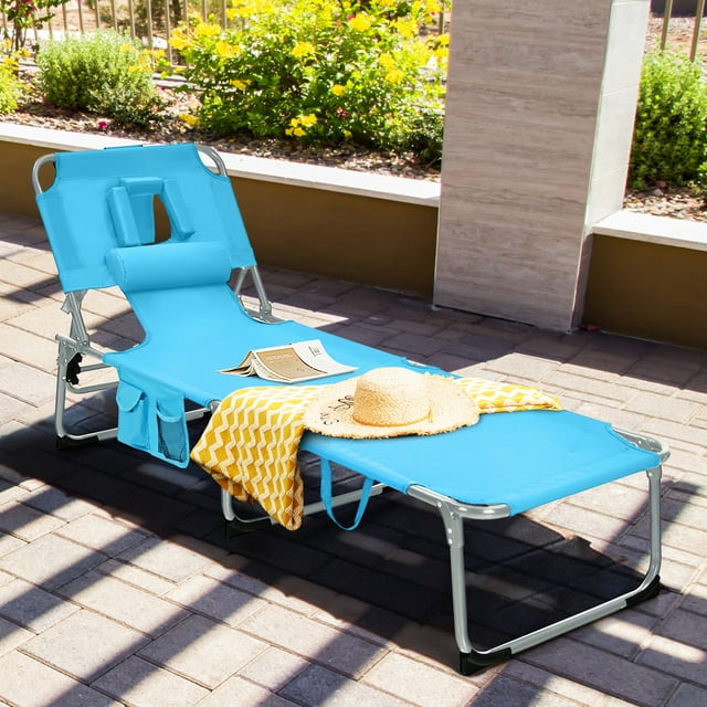 Gymax Portable Beach Chaise Lounge Chair Folding Reclining Chair w/ Facing Hole Turquoise