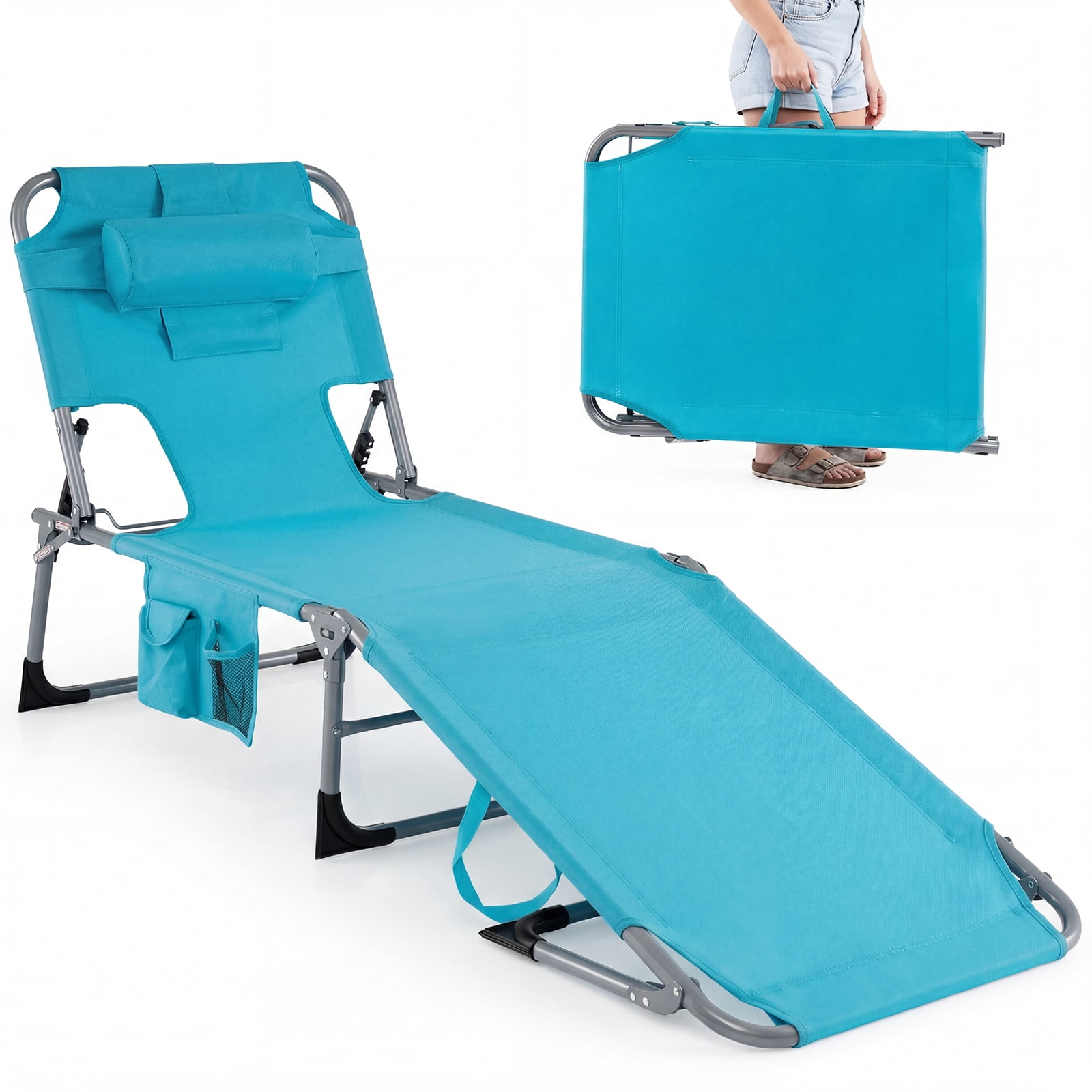 Gymax Tanning Chair w/ Face & Arm Holes Folding Chaise Lounge Beach Chair w/ Adjustable Backrest Turquoise