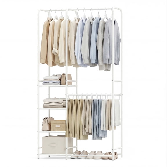 Gymax Portable Closet w/Pants Hangers 2 Hanging Rods 4 Storage Shelves for Bedroom White