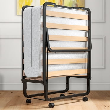 Gymax Portable Foldable Guest Bed w/ Solid Wood Slats & Metal Frame Rollaway Bed Cot Size for Adults w/ Wheel