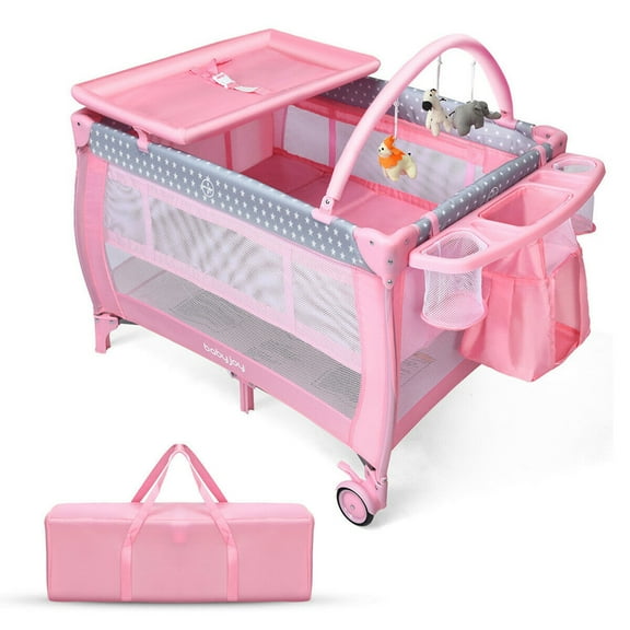 Gymax Portable Foldable Playpen Baby Playard Nursery Center with Changing Station, Pink, Unisex