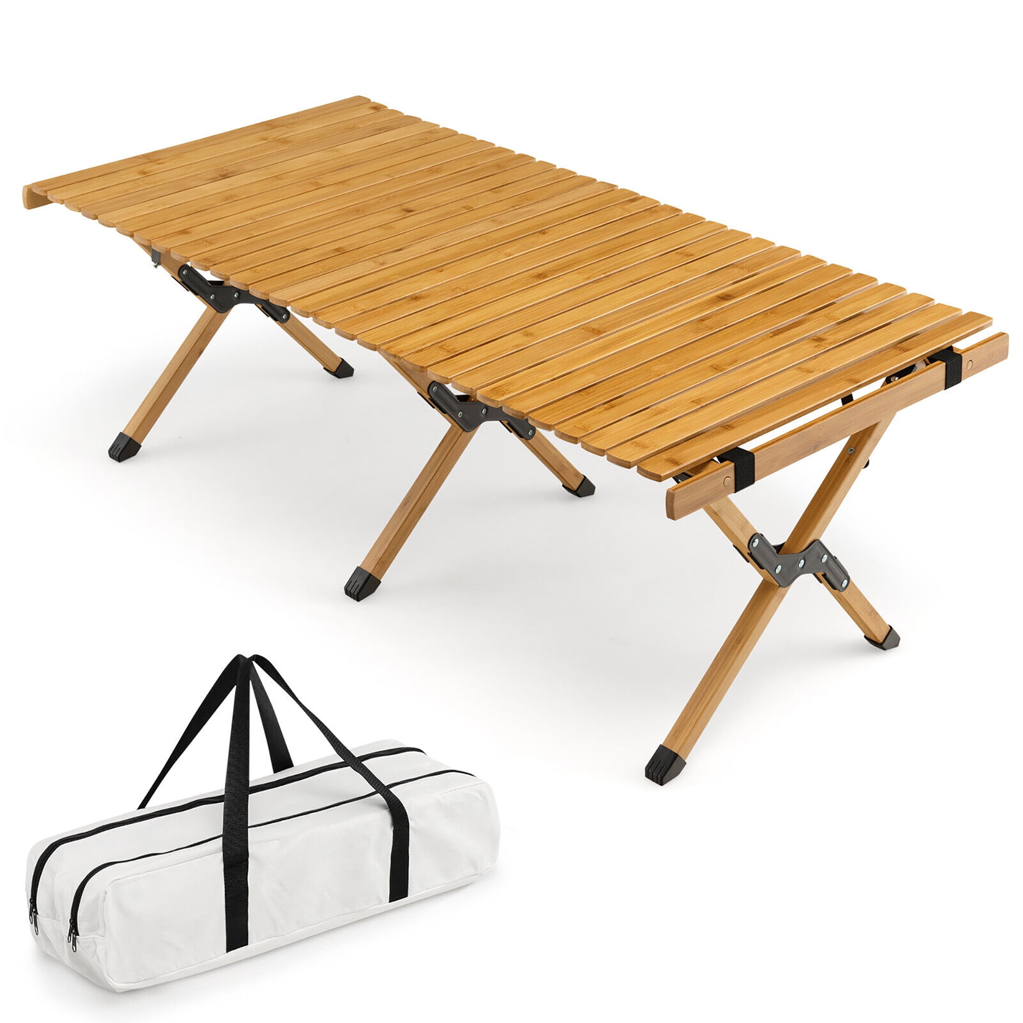 Gymax Portable Folding Bamboo Camping Table w/Carry Bag Outdoor