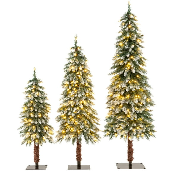 Gymax Pre-Lit Artificial Christmas Tree Set of 3 w/ 3/4/5 FT Faux Trees Slim Pencil Christmas Trees w/ LED Lights