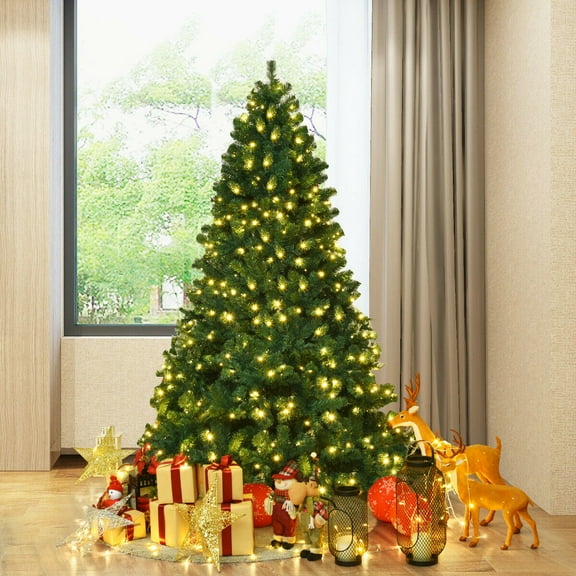 Gymax Pre-Lit PVC 7' Artificial Christmas Tree Hinged LED Lights Metal Stand