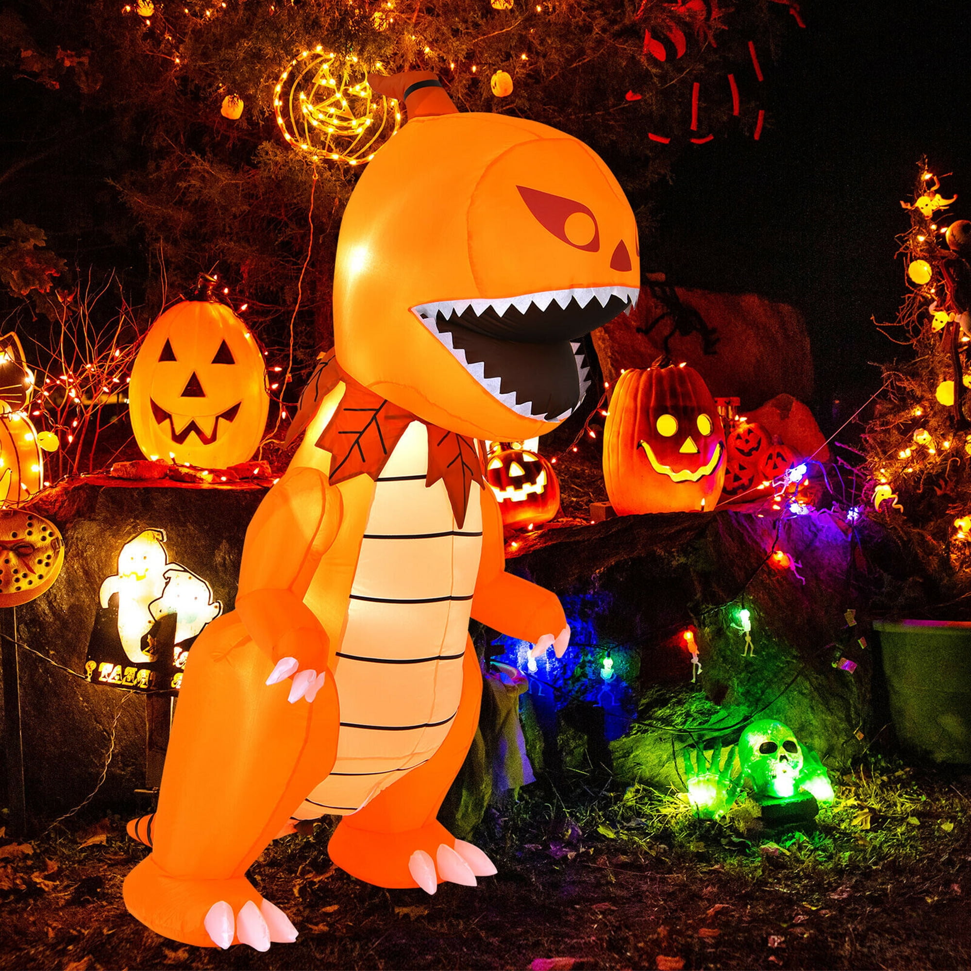 Gymax Pumpkin Dinosaur Halloween Yard Inflatable, with Built-in LED Lights 8'