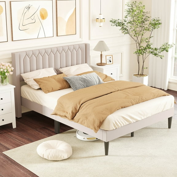 Gymax Queen Size Bed Frame Dutch Velvet Upholstered Platform Bed w/Wingback Headboard Beige
