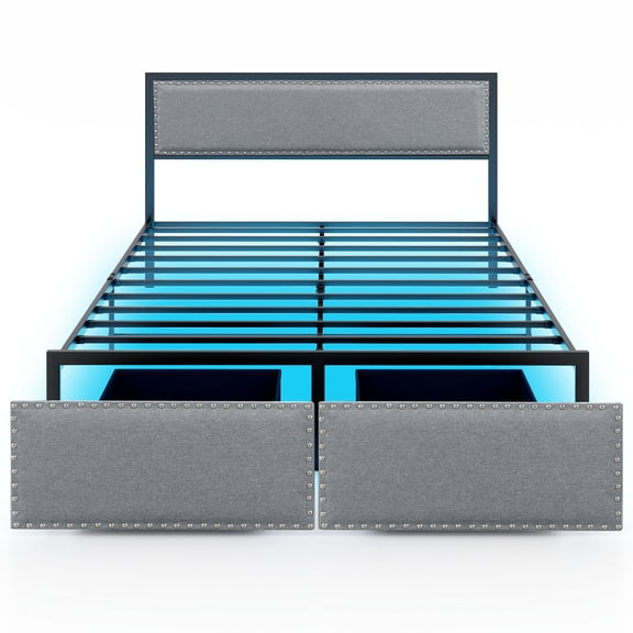 Gymax Queen Size Bed Frame w/ 2 Storage Drawers LED Lights Slats Support Modern