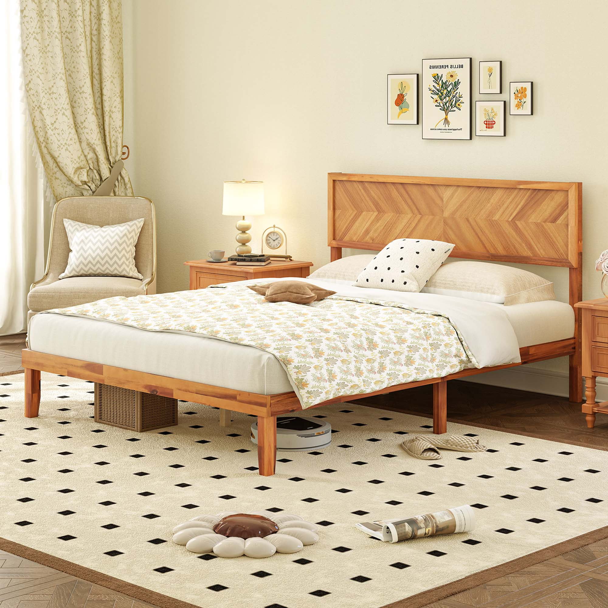 Gymax Queen Size Bed Frame w/Headboard Wooden Slats Support 9'' Under-bed Storage Space
