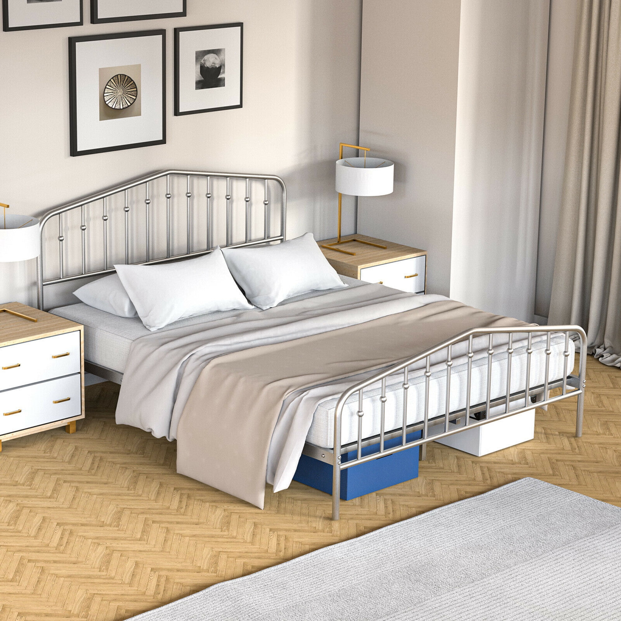 Gymax Queen Size Metal Bed Frame Platform Headboard & Footboard W/Storage Sliver