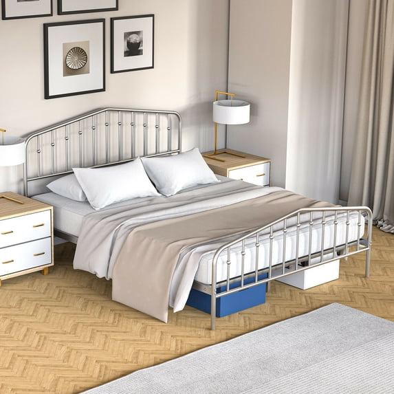 Gymax Queen Size Metal Bed Frame with Headboard and Footboard, Silver Steel, 82in x 60.5in x 40in