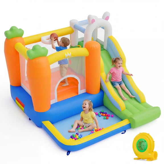 Gymax Rabbit Inflatable Playground w/Climbing Wall Slide & Ball Pit 480W Blower