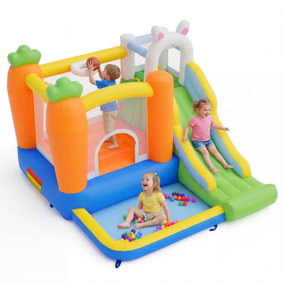 Gymax Rabbit Inflatable Playground w/Climbing Wall Slide & Ball Pit 370W Blower