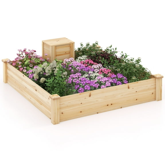Gymax Raised Fir Wood Garden Bed 49" x 49" x 10" Open Base Garden Bed w/ Composting Bin