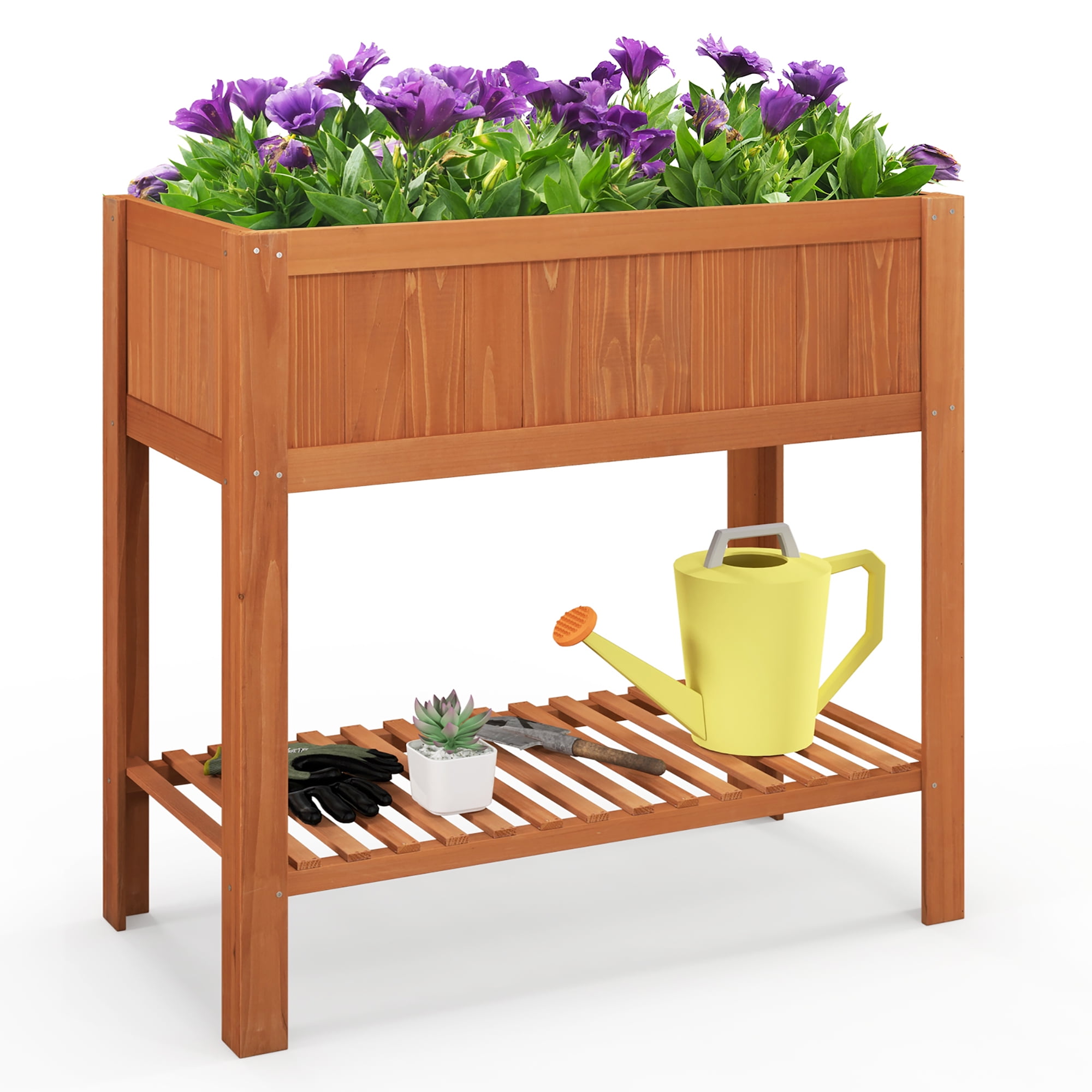 Reddish Brown Fir Wood Raised Garden Bed with Bottom Storage Shelf