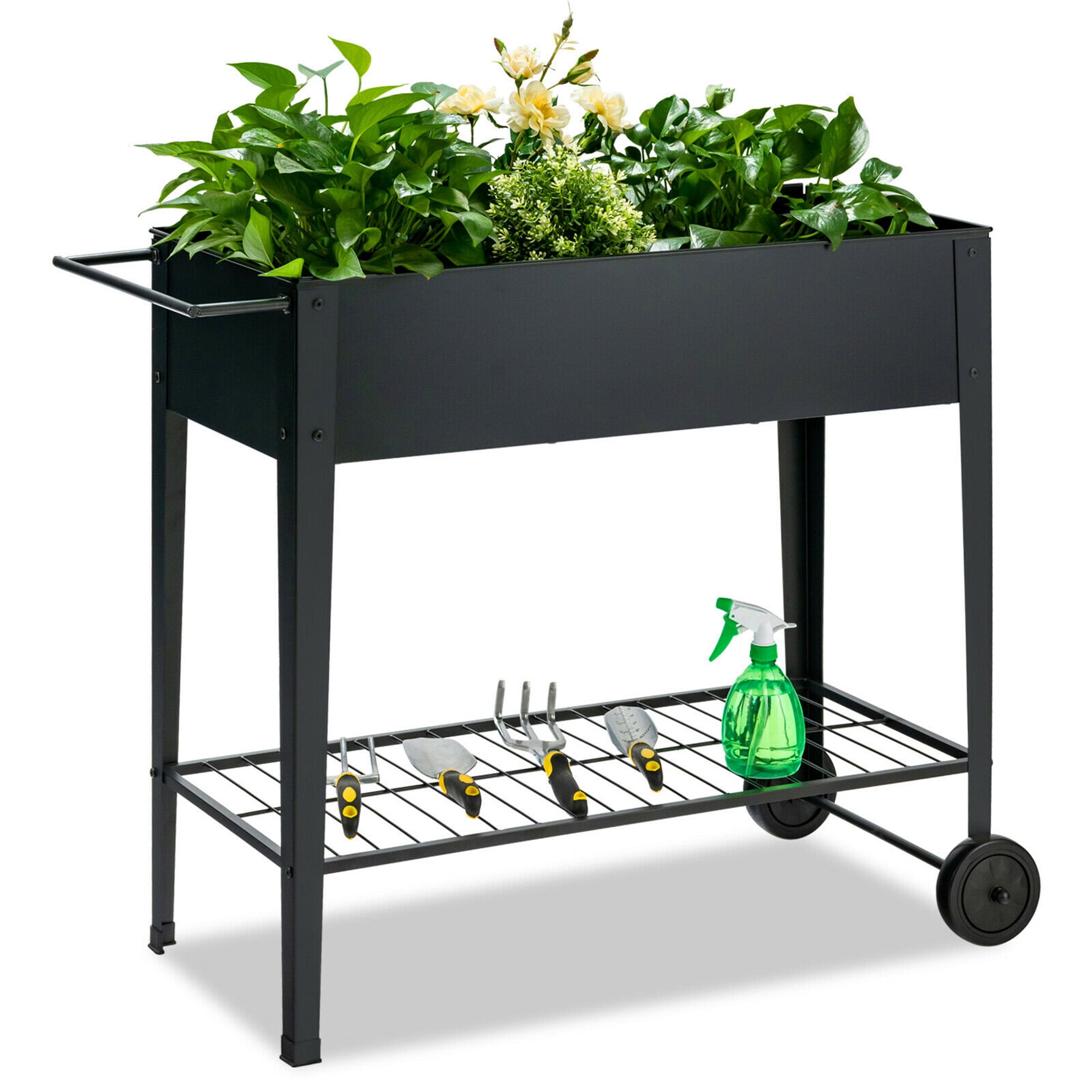 Gymax Raised Garden Bed Wood Elevated Planter Bed w/Lockable Wheels Shelf & Liner