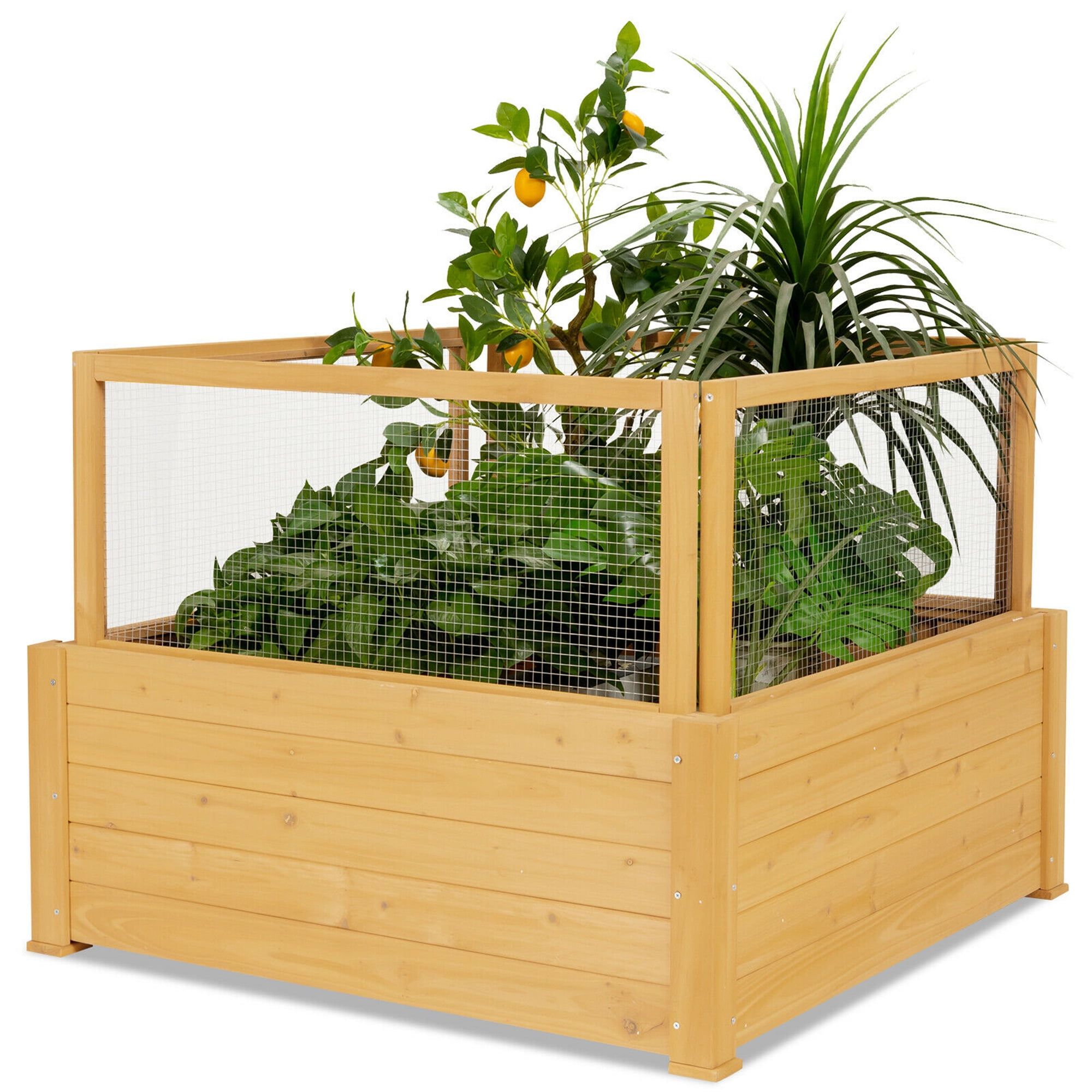 Gymax Raised Garden Bed Guard Fence Wooden Garden Box with 9 Grids & Critter