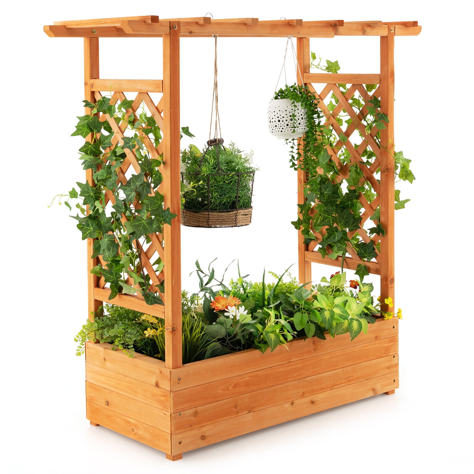 Gymax Raised Garden Bed Planter Box w/ Side \u0026 Top Trellis for Vine Climbing Plants