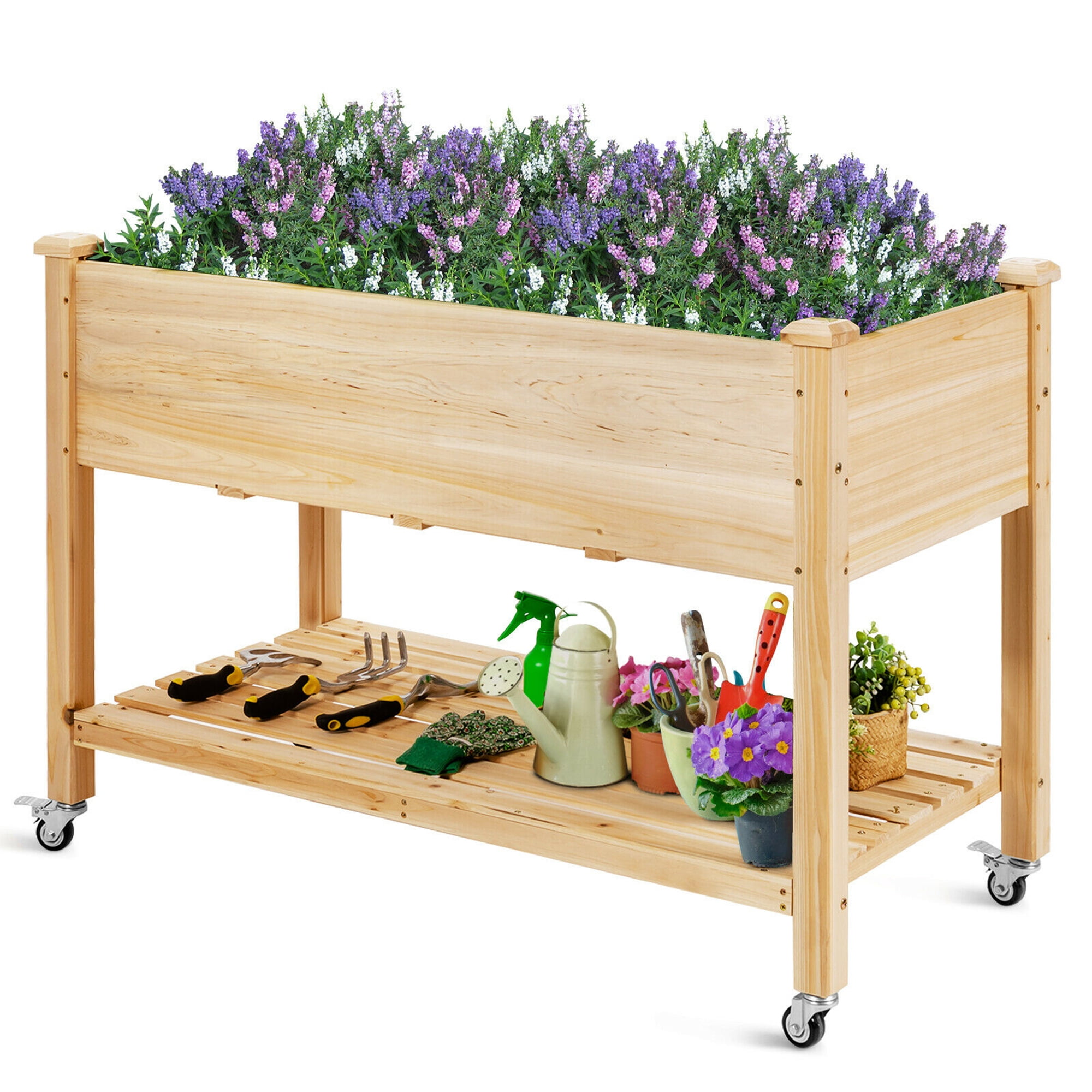Natural Fir Wood Elevated Garden Planter with Wheels and Shelf
