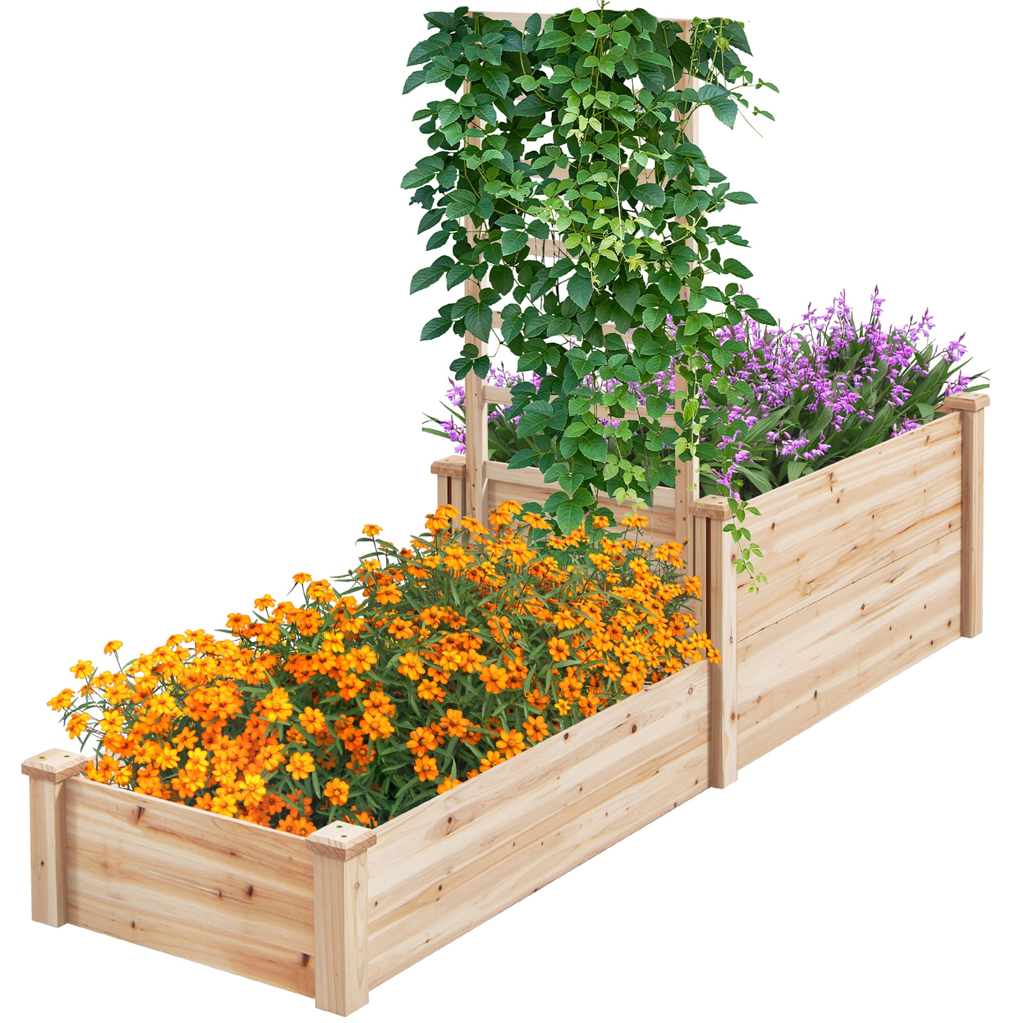 Gymax Raised Garden Bed w/ 2 Planter Boxes & Trellis Outdoor Wooden ...