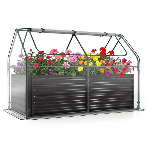 Gymax Raised Garden Bed w/ Cover 68'' x 33'' x 21'' Planter Box w/ Mini Greenhouse Black & Clear