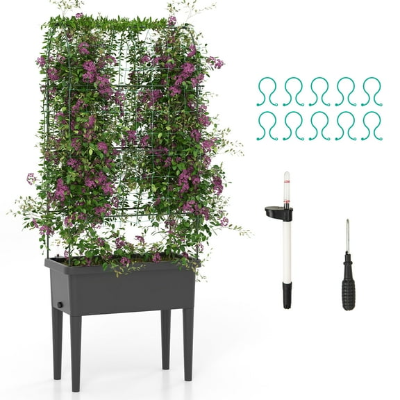 Gymax Raised Garden Bed w/ Trellis Water Level Observer Drainage Holes Climbing Net