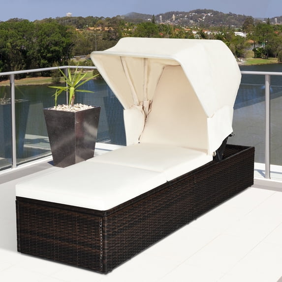 Gymax Rattan Chaise Lounge with White Cushions and Adjustable Canopy for Patio