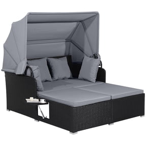 Gymax Rattan Daybed Lounge w/ Retractable Top Canopy Side Tables Cushions Gray