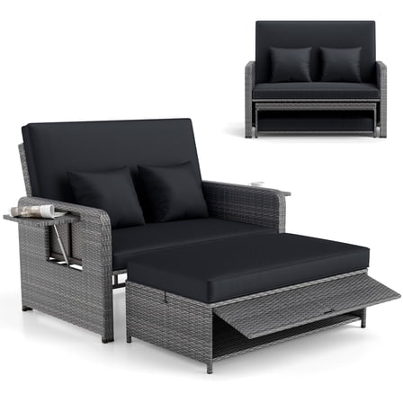 Gymax Rattan Daybed Wicker Loveseat Sofa Set w/ Ottoman & Retractable Side Tray Patio Black