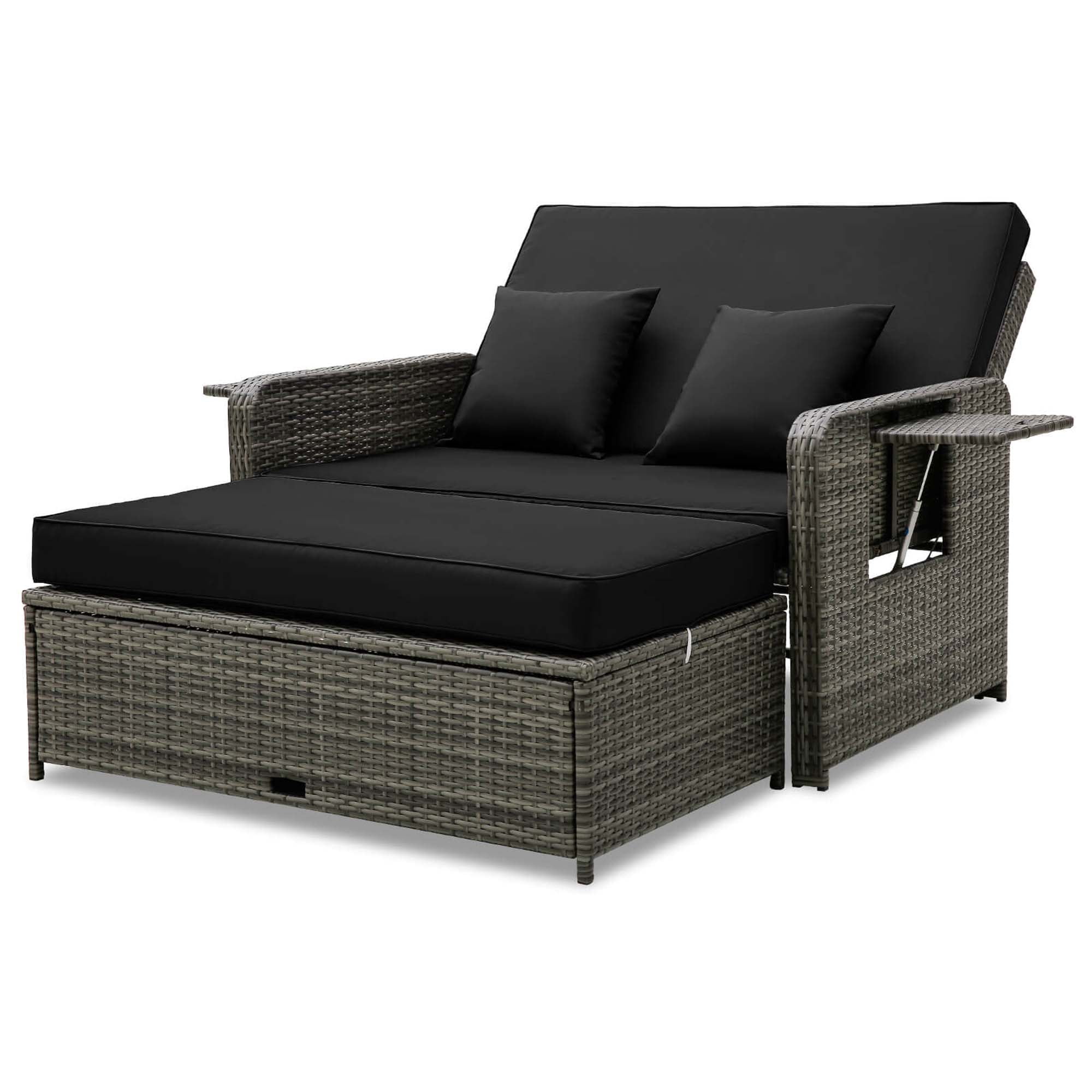 Black Wicker Loveseat Sofa with Ottoman and Retractable Tray