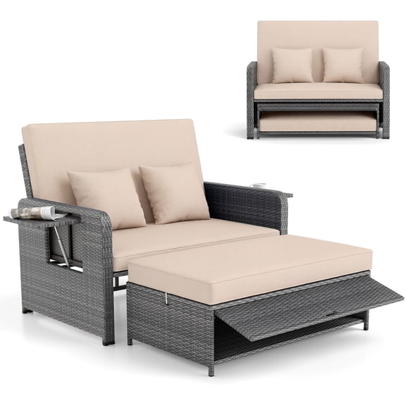 Gymax Rattan Daybed Wicker Loveseat Sofa Set w/ Ottoman & Retractable Side Tray Patio Brown