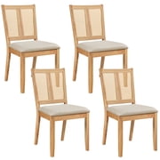 Gymax Rattan Dining Chairs Set of 4 w/Curved Backrest & Padded Seat Rubber Wood Frame Natural & Beige
