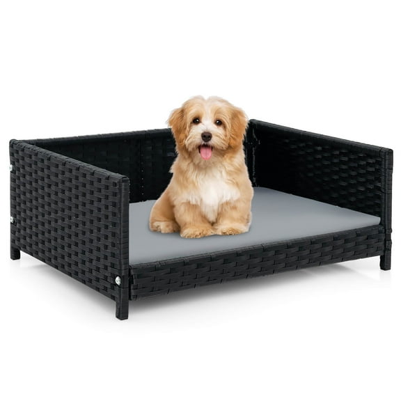 Gymax Rattan Dog Bed w/ Waterproof Soft Cushion Metal Frame for Medium Small Dogs Cats