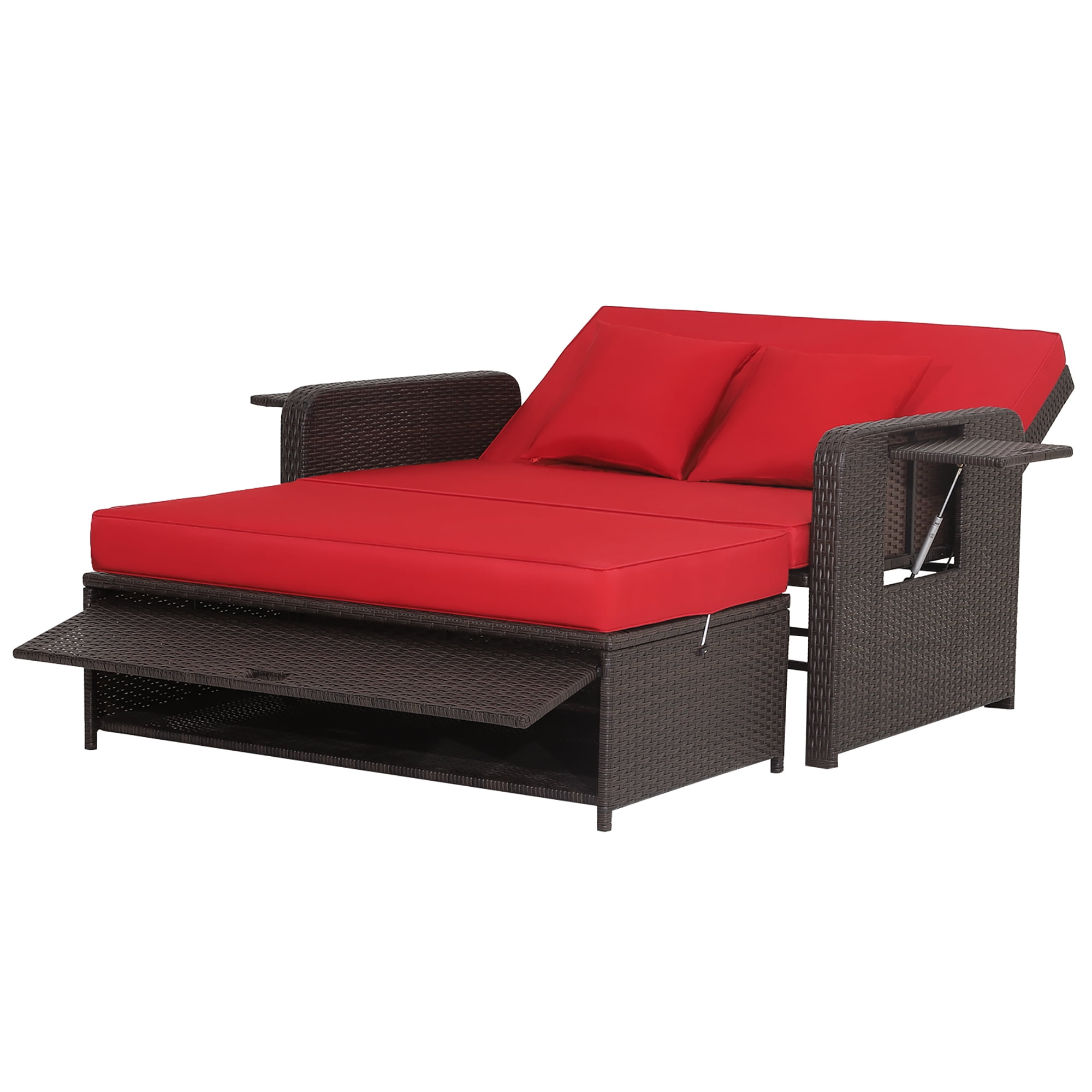 Red Adjustable Rattan Loveseat with Multifunctional Ottoman