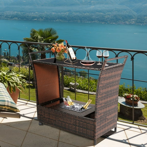 Gymax Rattan Patio Bar Cart Beverage Bar Counter Table w/ Wheels & Ice Bucket