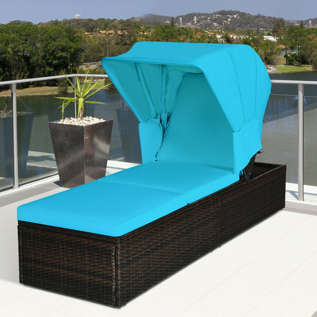 Gymax Rattan Patio Chaise Lounge Chair W/ Adjustable Canopy Turquoise Cushion