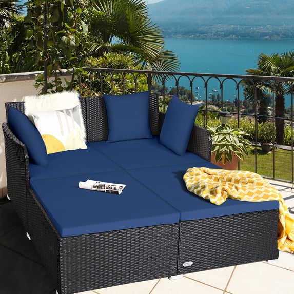 Gymax Rattan Patio Daybed Loveseat Sofa Yard Outdoor w/ Navy Cushions Pillows