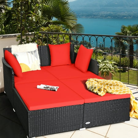 Gymax Rattan Patio Daybed Loveseat Sofa Yard Outdoor w/ Red Cushions Pillows