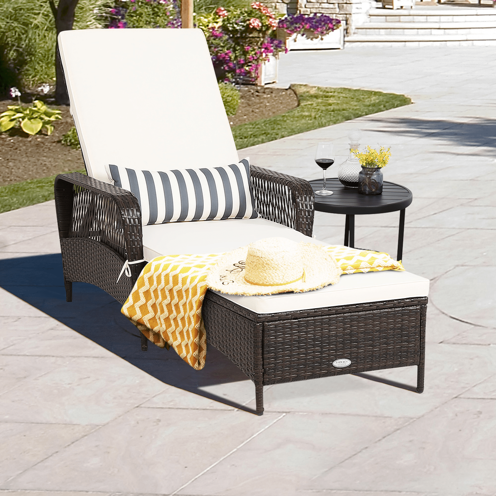 Gymax Rattan Patio Lounge Chair Chaise w/ Adjustable Backrest Cushion & Pillow