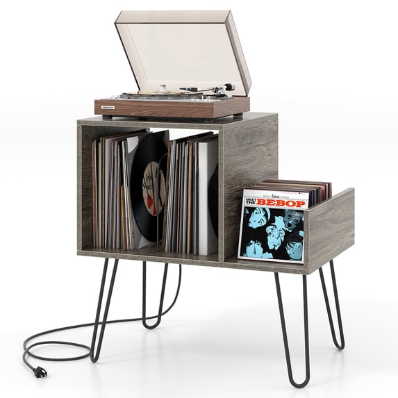 Gymax Record Player Stand Turntable Stand w/ Built-in Charging Station Metal Legs Gray