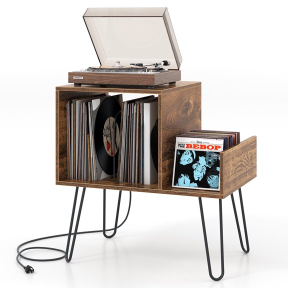 Gymax Record Player Stand Turntable Stand w/ Built-in Charging Station Metal Legs Rustic Brown