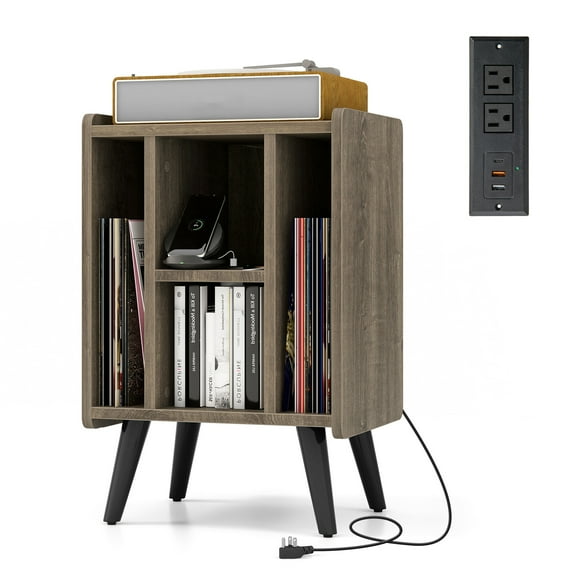 Gymax Record Player Stand w/ 4 Storage Compartments Supporting Legs Charging Station Grey Oak
