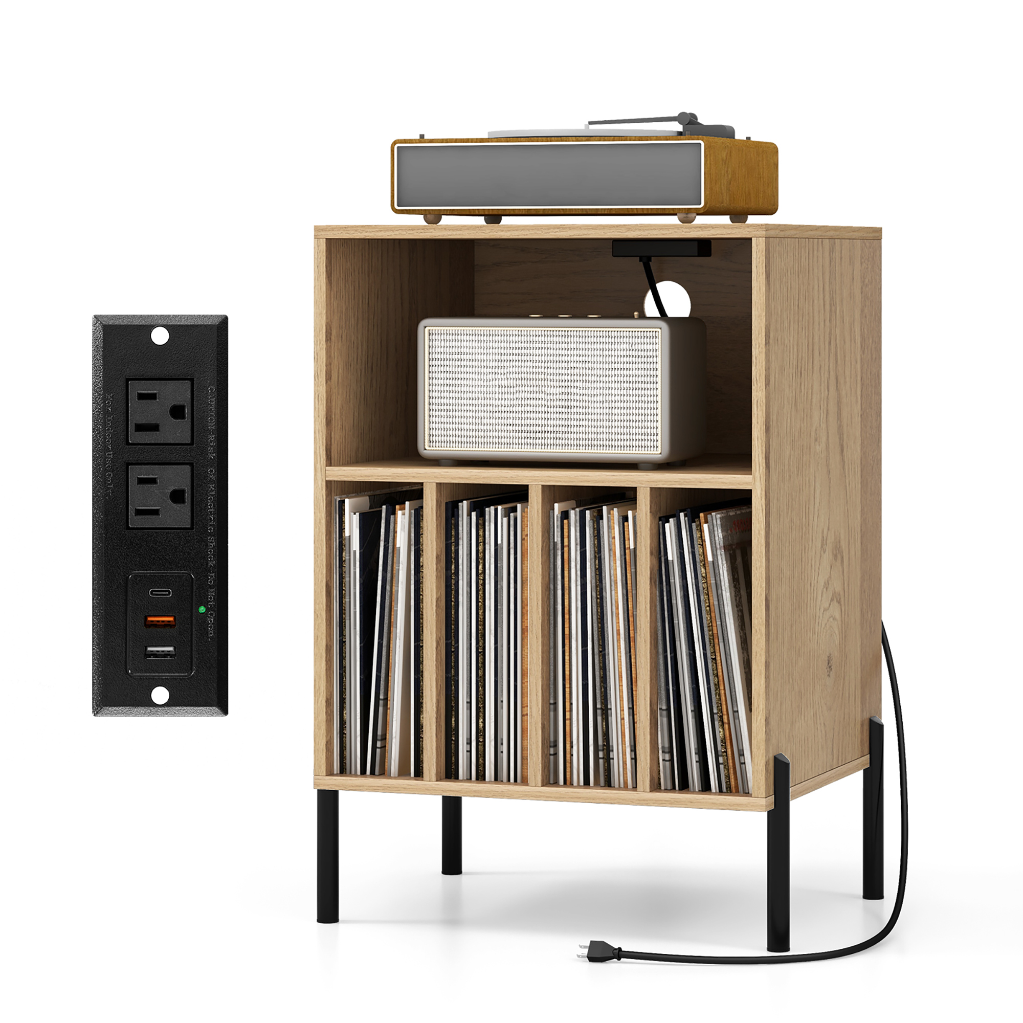 Gymax Record Player Stand w/Charging Station 5 Storage Compartments ...