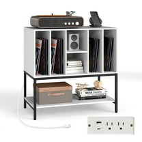 Gymax Record Player Stand w/Charging Station Vinyl Storage Holder Shelves Metal Frame White