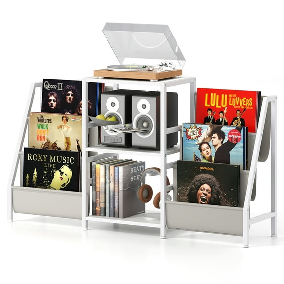 Gymax Record Player Stand w/ Vinyl Storage Turntable Display Stand w/ 3 Shelves White