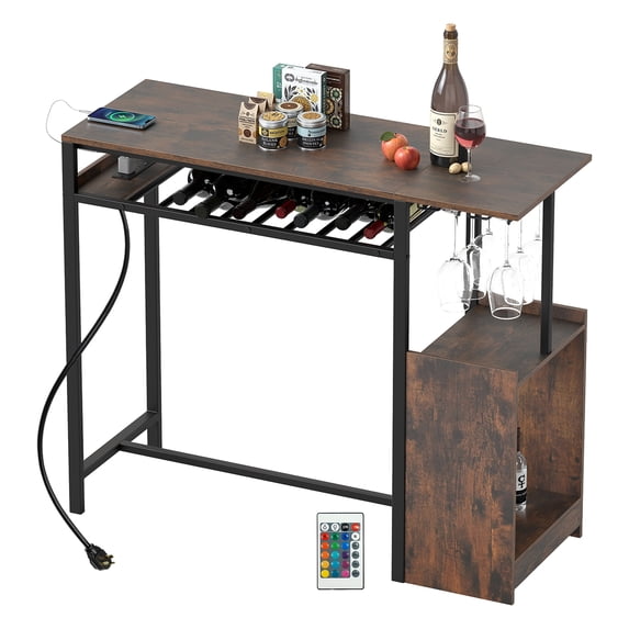 Gymax Rectangular Bar Table w/ Charging Station LED Light Wine Rack 2 Rows Glass Rack